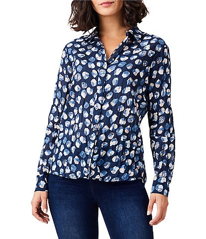 NIC + ZOE Crinkle Many Moons Print Point Collar Long Sleeve Button-Front Shirt