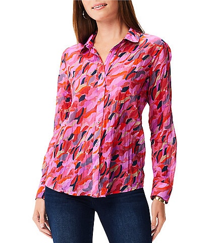 NIC + ZOE Crinkle Petal Splash Print Point Collar Long Sleeve Button-Front Shirt