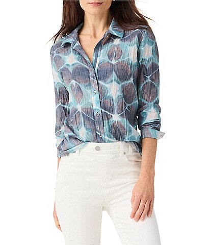 NIC + ZOE Crinkle Woven Ethereal Seas Print Point Shirt Collar Long Sleeve Button Front Shirt
