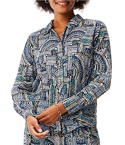 NIC + ZOE Crinkle Woven Mosaic Mix Print Point Collar Long Sleeve Button-Front Shirt