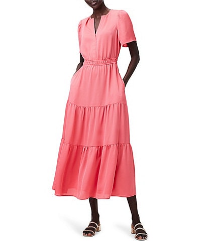 NIC + ZOE Daydream Solid Satin Chiffon Split V-Neck Short Sleeve Maxi A-Line Dress