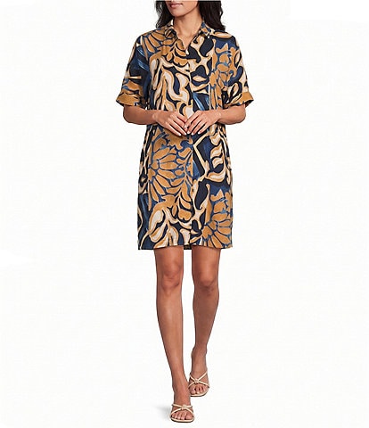NIC + ZOE Deco Bloom Devon Point Collar Elbow Sleeve A-Line Button-Front Dress
