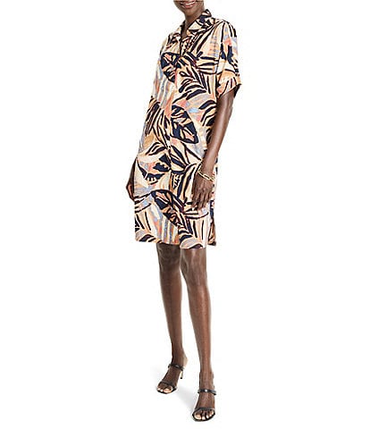 NIC + ZOE Devon Terracotta Tropical Garden Point Collar Short Sleeve Shirt Dress