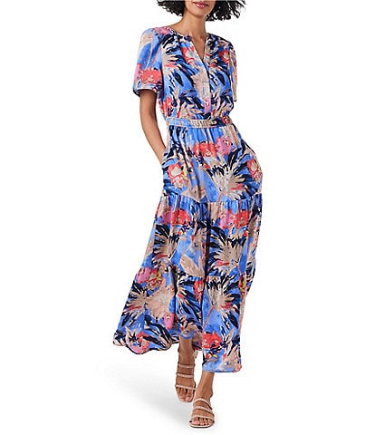 NIC + ZOE Dreamscape Daydream Floral Print Satin Chiffon Split V-Neck Short Sleeve Tiered A-Line Maxi Dress