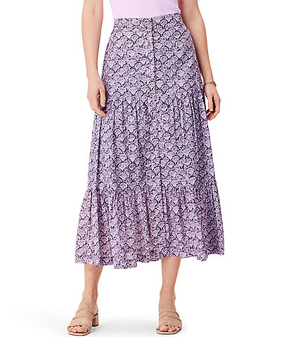 NIC + ZOE Falling Fans Tiered Button Front A-Line Maxi Skirt