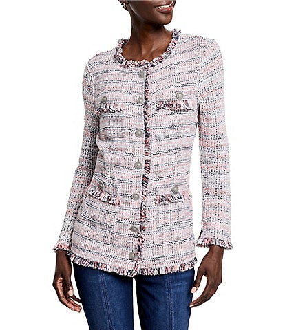 NIC + ZOE Femme Fringe Trim Mix Knit Plaid Print Long Sleeve Button Front Fashion Jacket