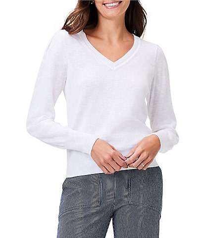 NIC + ZOE Femme Slub V-Neck Long Sleeve Pleat Detail Sweater