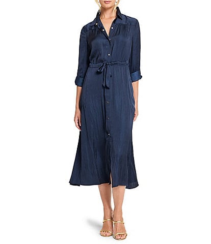 NIC + ZOE Glossy Crinkle Julie Point Collar Long Roll Tab Sleeve Midi Dress