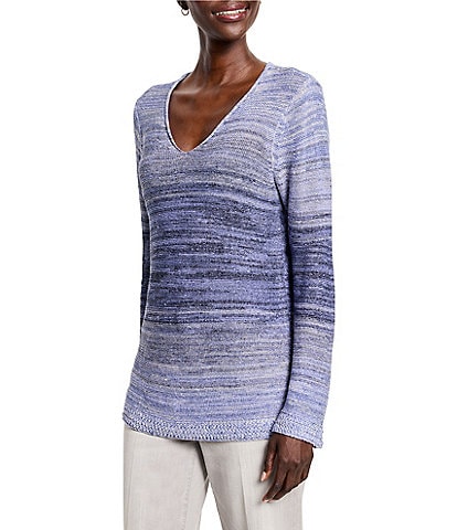 NIC + ZOE Hazy Shades Knit V-Neck Long Sleeve Crochet Detail Sweater