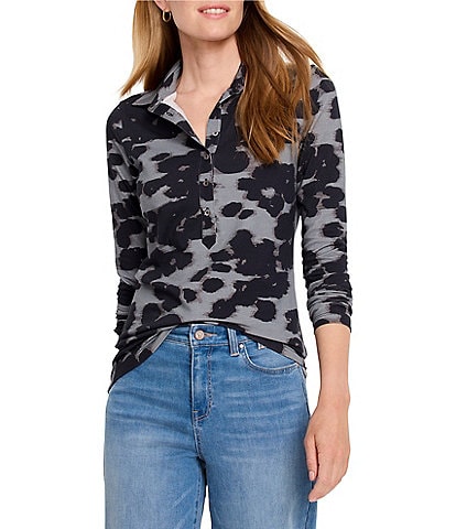 NIC + ZOE Henley Ink Dot Collar Neck Long Sleeve Top