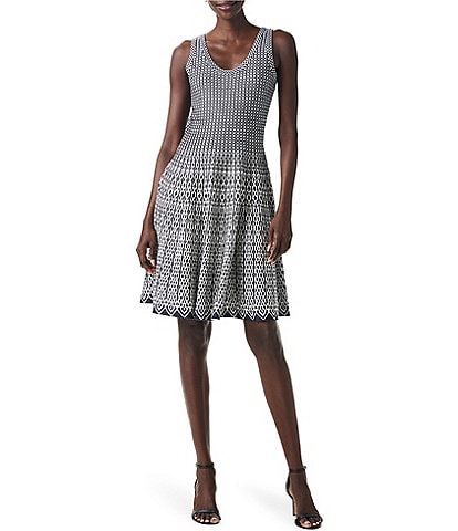 NIC + ZOE Heritage Twirl Knit Geo Stripe Jacquard Pattern Round Neck Sleeveless Fit & Flare Dress