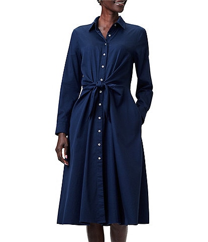 NIC + ZOE Jessie Woven Stretch Point Collar Long Sleeve Tie Front Pocketed Button Front A-Line Midi Shirt Dress