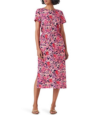 NIC + ZOE Knit Blurred Floral Print Round Neck Short Sleeves Elastic Waist Side Slit Midi Dress