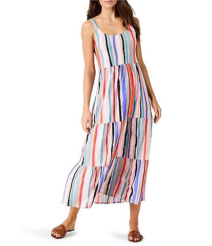 NIC + ZOE Knit Painted Stripes Print V-Neck Sleeveless Tiered A-Line Maxi Dress