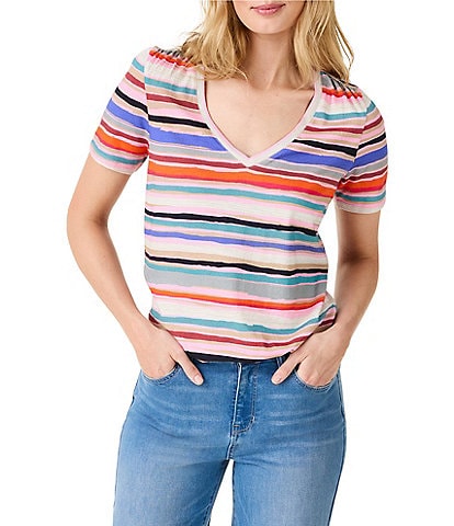 NIC + ZOE Knit Painted Stripes V-Neck Short Sleeve Tee Shirt