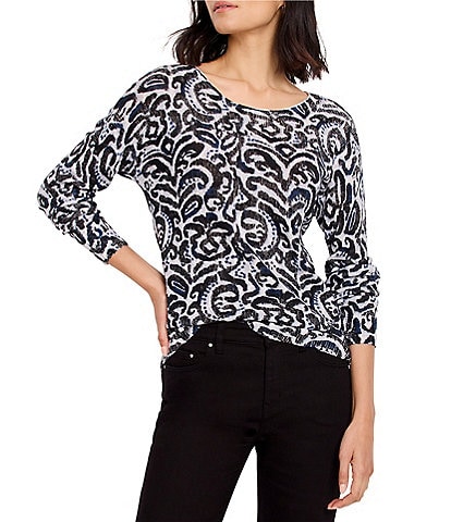 NIC + ZOE Knit Tossed Paisley Print Round Neck Long Sleeve Sweater