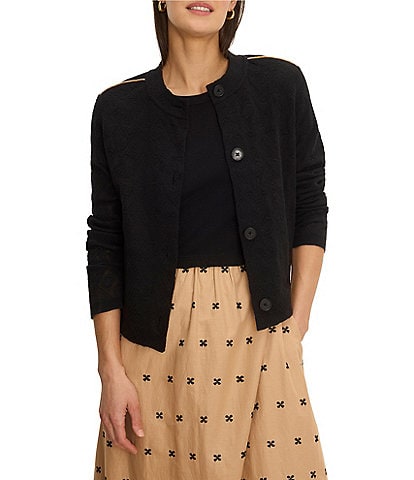 NIC + ZOE Lightweight Piped Knit Statement Band Collar Long Sleeve Button-Front Jacket