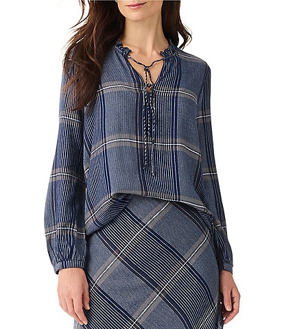 NIC + ZOE Line It Up Woven Plaid Print Ruffle Collar Long Sleeve Top