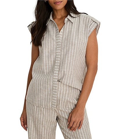 NIC + ZOE Linen-Blend Stripe Collared Cap Sleeve Button-Front Shirt