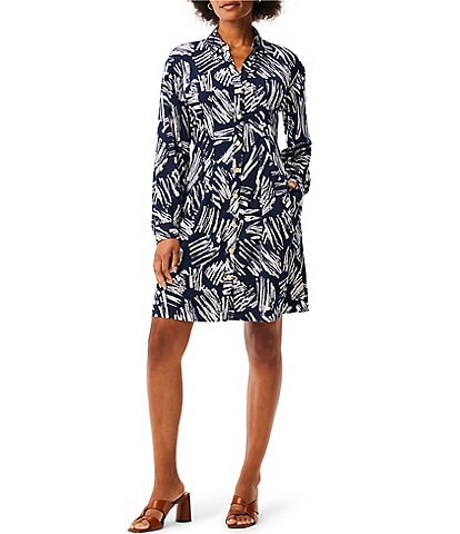 $218 Nic+Zoe Women's Blue Mosaic Collared Self-Tie Shirt Dress Size L