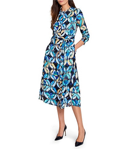 NIC + ZOE Loren Woven Wave Links Pleated Round Neck Long Sleeve Button Front Midi Dress