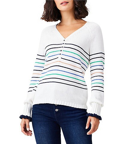 NIC + ZOE Maritime Stripe Print Knit V-Neck Long Sleeve Sweater