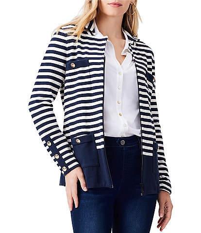 NIC + ZOE Midweight Striped City Charm Knit Point Collar Long Sleeve Contrast Trim Zip-Front Blazer