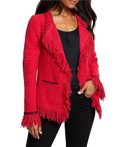 NIC + ZOE Mix Knit Lapel Long Sleeve Fringe Trim Jacket