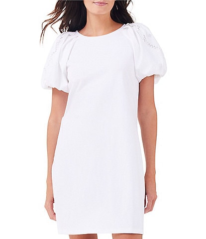 NIC + ZOE Mixed Media Round Neck Short Puff Sleeve Embroidered A-Line Dress