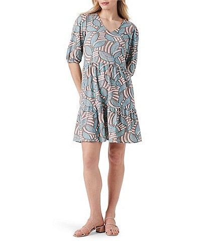 NIC + ZOE Mosaic Fern Print Knit V-Neck Elbow Sleeve Tiered A-Line Dress