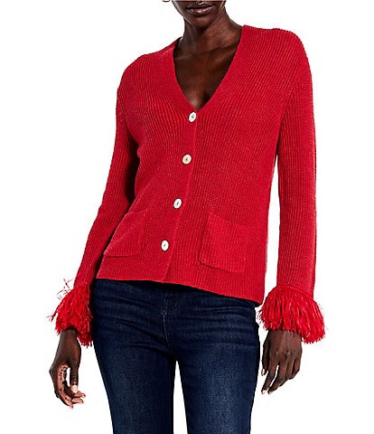 NIC + ZOE Night Fall Knit V-Neck Long Sleeve Fringe Detail Button-Front Cardigan Sweater