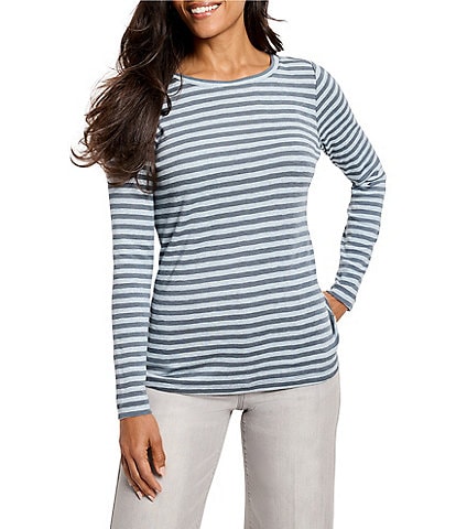 NIC + ZOE NZT Jersey Knit Striped Print Boat Neck Bracelet Sleeve Shirt