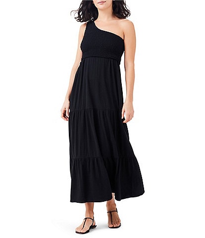 NIC + ZOE NZT Knit One Shoulder Sleeveless Tiered Skirt Maxi A-Line Dress