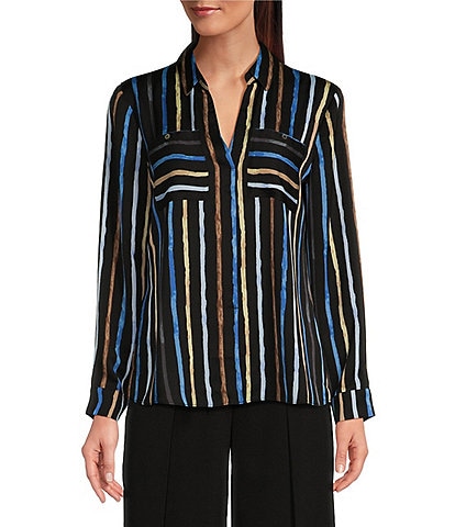 NIC + ZOE Onyx Painted Stripe Point Collar Long Sleeve Top