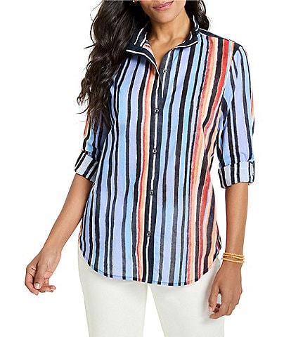 NIC + ZOE Painted Peninsula Stripe Point Collar Long Sleeve Button Front Shirt
