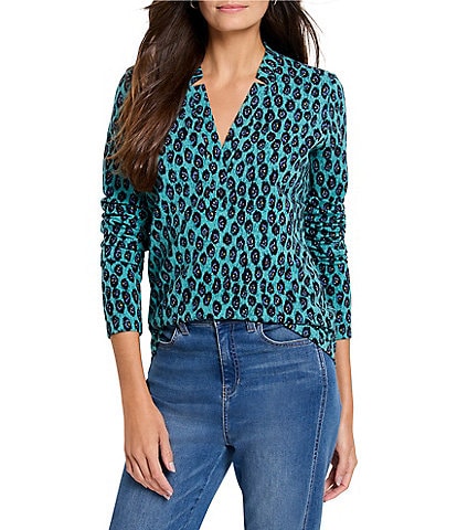 NIC + ZOE Pebble Blues V-Neck Notch Collar Long Sleeve Top