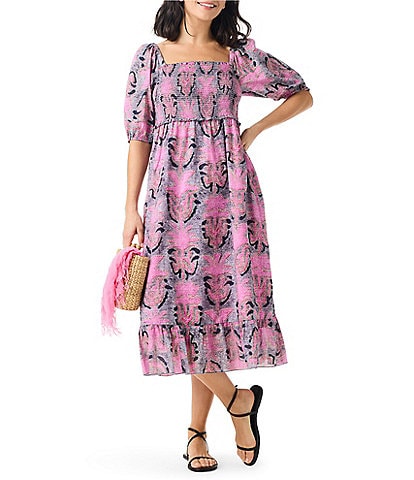 NIC + ZOE Petal Patch Floral Woven Square Neck Elbow Sleeve Ruffle A-Line Midi Dress