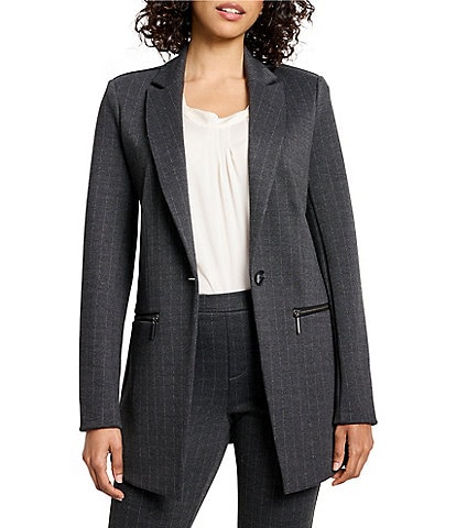 NIC + ZOE Pinstripe Ponte Notch Lapel Collar Long Sleeve Zip Pocketed One Button-Front Blazer