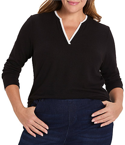 NIC + ZOE Plus Size Cozy Jersey Double Layer Split V-Neck Long Sleeve Tee