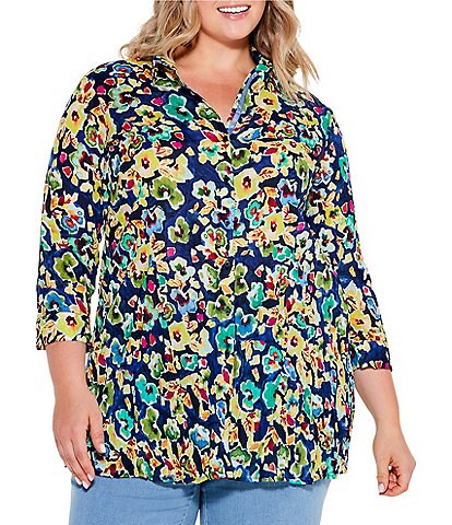 NIC + ZOE Plus Size Crinkle Woven Bold Blossoms Floral Print Point Collar 3/4 Sleeve Button Front Shirt
