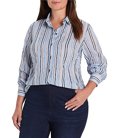 NIC + ZOE Plus Size Drifty Painted Stripe Point Collar Long Sleeve Button Front Shirt