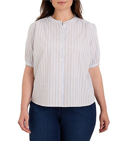 NIC + ZOE Plus Size Eton Stripe Round Neck Short Sleeve Button-Front Shirt