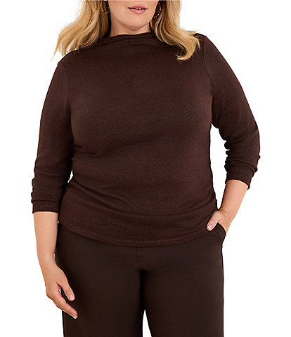 NIC + ZOE Plus Size Everyday Sparkle Funnel Neck Long Sleeve Ruched Knit Tee Top