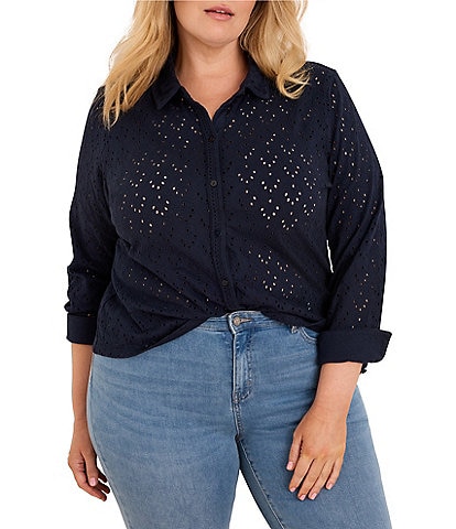 NIC + ZOE Plus Size Knit Allover Eyelet Pop Point collar Long Sleeve Button-Front Top
