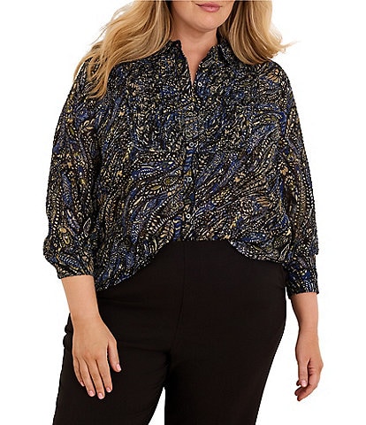 NIC + ZOE Plus Size Portobello Paisley Point Collar Long Sleeve Button-Front Chiffon Shirt