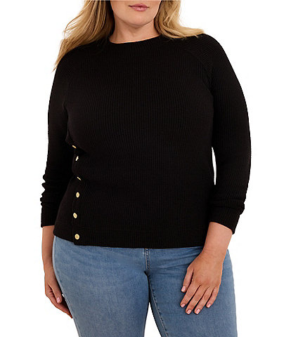 NIC + ZOE Plus Size Soft Waffle Crew Neck Long Raglan Sleeve Side Button Top