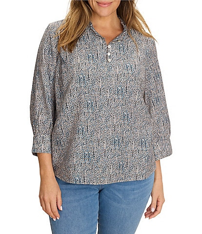 NIC + ZOE Plus Size Sun Speckle Ruffle Neck 3/4 Sleeve Top
