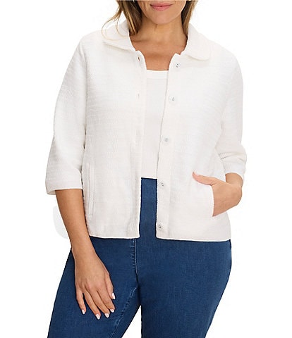 Nic + Zoe Plus Size Textured Knit Round Spread Collar Elbow Sleeve Button-Front Jacket