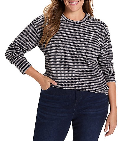 NIC + ZOE Plus Size Textured Stripe Round Neck Long Sleeve Drop Shoulder Top