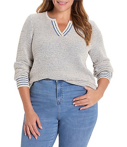 NIC + ZOE Plus Size Tuck Texture Split Neck Long Sleeve Sweater